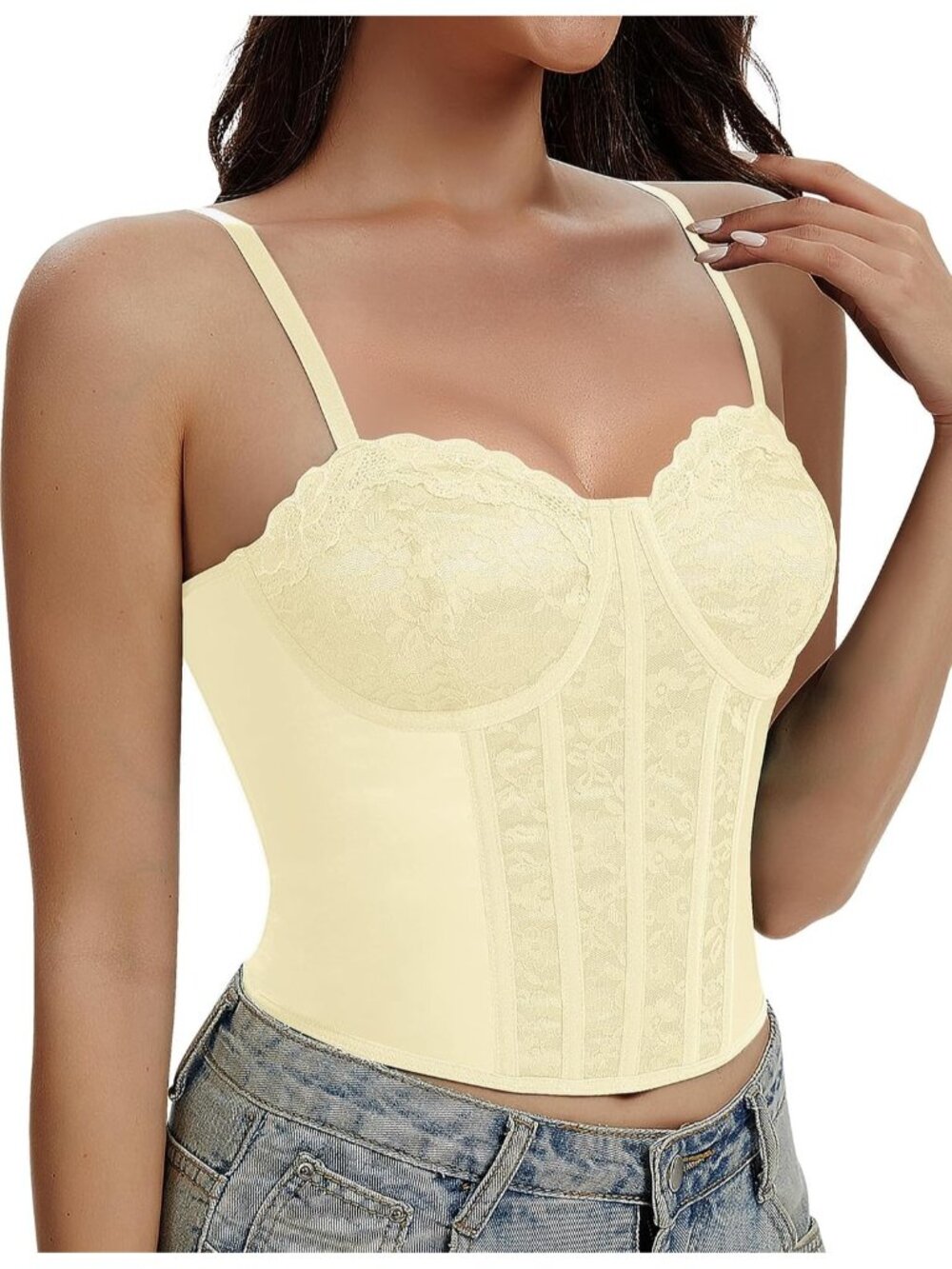 Women's Butter Straps 3-rows Back Hooks Fitted Underwire Lace Bustier Corset Top
